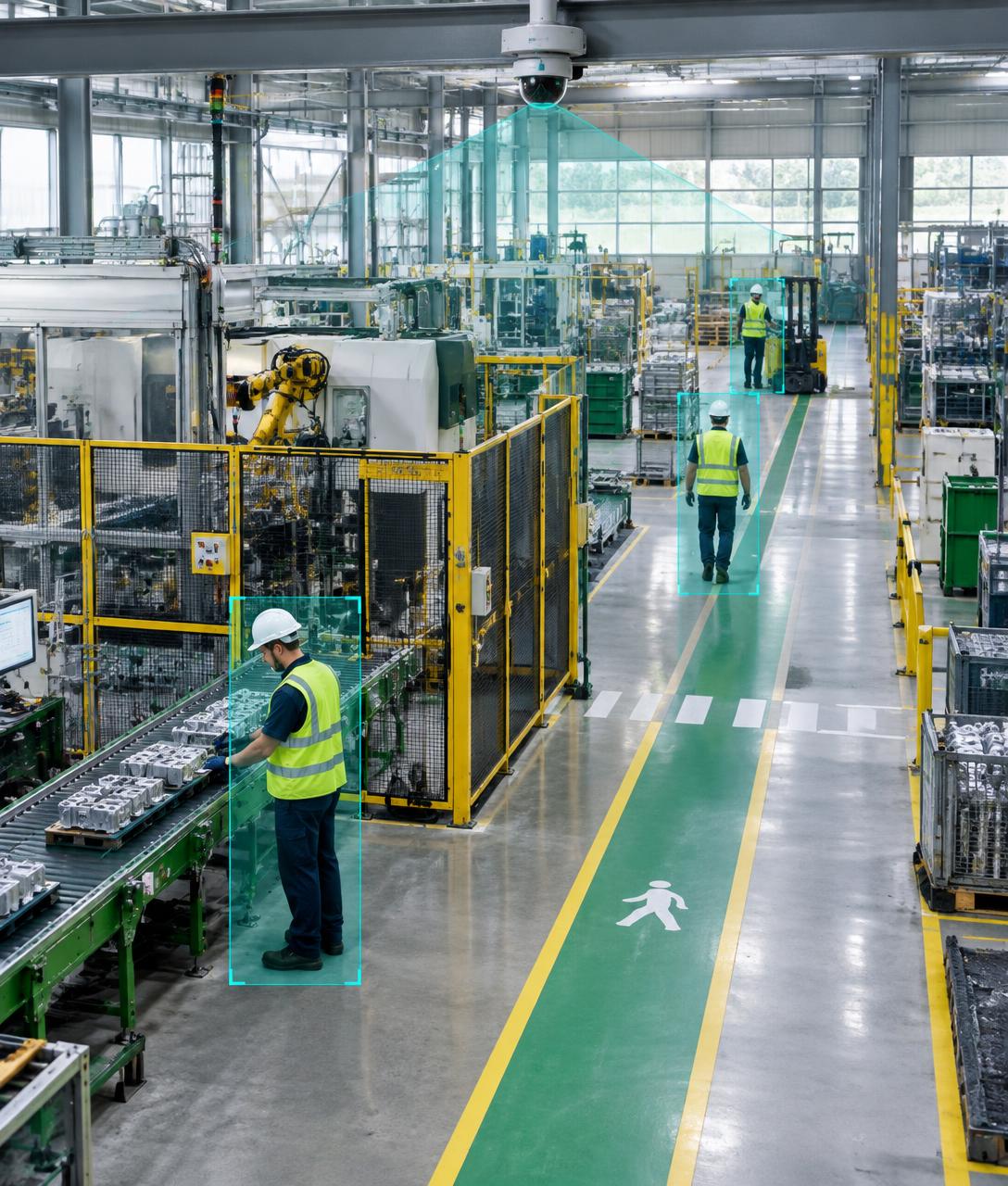 Planta industrial con maquinaria pesada y zonas de seguridad; SENTRIA IA
